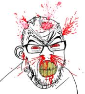 angry bleed blood bloodshot_eyes brain clenched_teeth cracked_teeth ear explosion flying giblets glasses looking_at_you mind_blown nosebleed seethe seething shatter shattering stubble subvariant:feralrage variant:feraljak vein yellow_teeth // 697x771 // 382.7KB
