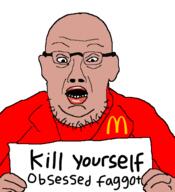 amerimutt beard clothes glasses hand holding_object mcdonalds open_mouth soyjak stubble text variant:trumpjak // 474x521 // 75.5KB