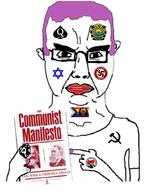 angry antifa arm black_lives_matter book closed_mouth clothes communism communist_manifesto ear fingernail flag flag:lgbt_pride_flag frederick_engels glasses hammer_and_sickle holding_book holding_object judaism karl_marx leftypol lipstick manifesto nazism pride_flag progress_pride_flag purple_hair queen_of_spades slopjak soyjak star_of_david subvariant:chudjak_front subvariant:obsessedchud swastika text tranny variant:chudjak // 459x567 // 83.3KB