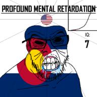 angry bald black_eyes black_hole black_sclera clenched_teeth closed_mouth colorado cracked_teeth drool ear flag flag:colorado flag:united_states glasses hair iq iq_bell_curve mustache nightmare_fuel no_pupils profound_mental_retardation retard soyjak star_(symbol) state stubble text united_states variant:feraljak wrinkles // 1024x1024 // 65.9KB