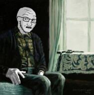 arm clothes firearm glasses grey_skin gun hand leg ominous pistol revolver scared soyjak stubble subvariant:soyak_(concerned) suicide variant:soyak // 1058x1074 // 809.8KB