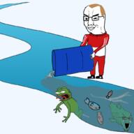 animal_abuse barrel brown_hair closed_mouth crying fish frog glasses hair merge open_mouth pepe poland river smug soyjak stubble track_suit variant:chudjak variant:cryboy_soyjak variant:soyfish // 1024x1024 // 269.2KB