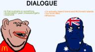 amerimutt angry cheese closed_mouth clothes dialogue ear flag flag:australia flag:heard_island_and_mcdonald_islands glasses greentext hamburger heard_island_and_mcdonald_islands idiot lips mcdonalds open_mouth orangetext short star_(symbol) subvariant:impish_amerimutt teeth variant:impish_soyak_ears variant:markiplier_soyjak // 2200x1200 // 732.4KB