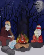 beanie campfire christmas_pajamas clothes coat crying fire fur_trapper_hat glowing hot_cocoa looking_to_the_left looking_to_the_right moon series:skinny_soyjaks sitting smile smoke snow stars stone subvariant:gapejak_slim subvariant:wholesome_soyjak subvariant:wholyjak tree variant:a24_slowburn_soyjak variant:cryboy_soyjak variant:esam variant:gapejak variant:impish_soyak_ears wood // 2000x2500 // 795.5KB