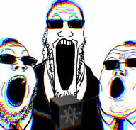 agent chromatic_aberration clothes conspiracy conspiracy_theory esoteric glasses men_in_black schizo suit suit_and_tie sunglasses trend:soyjak_trio unity unity_cube variant:gapejak variant:markiplier_soyjak variant:tony_soprano_soyjak // 1284x1221 // 1007.3KB