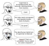 alien bisexual bloodshot_eyes crying dc_comics glasses nordic_chad open_mouth soyjak speech_bubble stubble superman text variant:soyak // 687x644 // 208.7KB