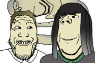 3soyjaks are_you_soying_what_im_soying brown_hair closed_eyes closed_mouth clothes fetus frown glasses grin hair looking_at_each_other meta:tagme neckbeard smile soyjak stubble subvariant:wholesome_soyjak variant:gapejak variant:markiplier_soyjak white_skin yabujin // 1188x795 // 153.8KB