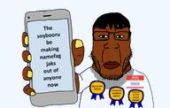 CornCob_(namefag) award black_eyes brown dark_hair hello_my_name_is_(sticker) holding_object holding_phone skin soybooru subvariant:chudplier // 1520x966 // 126.6KB