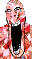 closed_eyes gem gem_skin glasses hair laughing open_mouth red_skin ruby schlog_color_event soyjak soyjak_blog stubble teeth threat_level_red variant:cobson // 721x1333 // 797.7KB