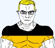 arm baden-württemberg blue_eyes buff closed_mouth clothes flag flag:baden-württemberg germany glasses hair soyjak subvariant:chudjak_front subvariant:muscular_chud transparent transparent_background tshirt variant:chudjak vein yellow_hair // 1059x929 // 28.6KB