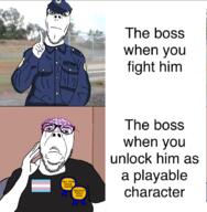 2soyjaks closed_mouth clothes coaltent_cop frown full_body grin hair irl_background medal meme police purple_hair soyjak stubble text transgender_flag uniform variant:dubbbzjak // 1053x1076 // 483.4KB