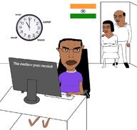 arm bedroom big_lips bindi brown_skin chair clock clothes female flag:india glasses hair hairless india indian keyboard leg looking_at_you monitor pajeet parents room shitskin sitting subvariant:chudjak_front variant:chudjak white_background wrinkles // 1125x1072 // 115.0KB