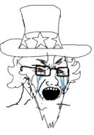 beard bloodshot_eyes clothes crying glasses hat open_mouth soyjak uncle_sam variant:soyak white_hair // 944x1364 // 215.3KB
