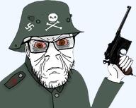 20th_century 20th_century army arm army beard bloodshot_eyes buttons closed_mouth collar epaulettes feldgrau firearm freikorps german_uniform gun hand helmet holding_gun holding_object infantry kaiserreich looking_at_viewer looking_at_you mauser_c96 skull_and_bones soldat stahlhelm swastika teeth transparent_background uniform variant:feraljak weimar_republic // 1644x1306 // 991.5KB