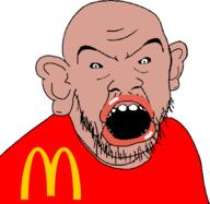 amerimutt black_eyes ear eyebrows forehead_lines inverted_eye_color lips mcdonalds neck nose open_mouth red_shirt stubble variant:feraljak // 1285x1252 // 39.0KB