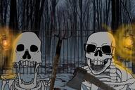 2soyjaks axe forest graveyard halloween holding_object irl_background lantern open_mouth pitchfork series:skeletonjaks skeleton skull snow soyjak variant:feraljak variant:markiplier_soyjak // 473x315 // 229.8KB