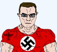 angry blue_eyes brown_hair buff closed_mouth clothes glasses hair nazism soyjak subvariant:chudjak_front subvariant:muscular_chud swastika tshirt variant:chudjak white_skin // 1059x973 // 65.7KB