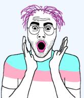 arm clothes glasses hair hand open_mouth purple_hair soyjak stubble tranny tshirt variant:britjak // 860x1000 // 58.6KB