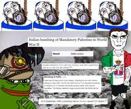 1940 5soyjaks acre amphibian flag flag:israel frog haifa hanging history israel italian_flag italy jaffa jews july july_29 june nas:pepe pepe pepe_the_frog september september_9 soyjak subvariant:unbotheredchud tel_aviv variant:chudjak wwii // 3464x2890 // 7.1MB