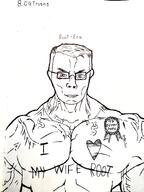 art black_and_white blue_eyes clothes drawfag drawing flag:transgender_pride_flag glasses hair ink lip meta:soytober meta:soytober2025 muscles root smile subvariant:muscular_chud text transgender_flag transheart tshirt variant:chudjak // 3000x4000 // 4.6MB