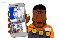 black_eyes grok gubby hello_my_name_is_(sticker) holding_phone subvariant:chudplier sweating variant:chudjak variant:markiplier_soyjak yellow_nails // 1520x966 // 424.4KB