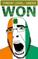 ahegao country emerald flag flag:ivory_coast gem glasses green green_eyes hair ivory_coast looking_up open_mouth schlog_color_event soyjak soyjak_blog stubble teeth text threat_level_green variant:cobson won // 721x1115 // 138.5KB