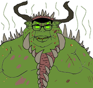 chaos fat green_eyes green_skin horn nurgle scars sharp_teeth smell subvariant:branigger variant:brandon warhammer warhammer_40k yellow_teeth // 1674x1582 // 329.4KB