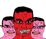 3soyjaks anger_mark angry bloodshot_eyes clenched_teeth crying ear glasses hair pink_skin red_skin smile soyjak subvariant:chudjak_front sweating variant:chudjak yellow_teeth // 861x720 // 110.9KB
