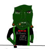 arm bowtie button caliborn cherub_(homestuck) closed_mouth clothes fangs glasses golden_tooth green_skin hand homestuck millions_must_die red_eyes sharp_teeth soyjak subvariant:chudjak_front text variant:chudjak // 615x680 // 117.4KB