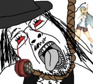 ack anime blood bloodshot_eyes bridget_(guilty_gear) clothes cravat full_body glasses guilty_gear hair hanging long_hair mustache noose open_mouth red_eyes rope soyjak stubble testament_(guilty_gear) tongue top_hat variant:bernd video_game yellow_hair yo-yo // 768x691 // 167.1KB