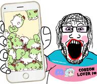 anime arm bant_(4chan) blue_hair blush cirno closed_mouth clothes discord flag glasses gyate_gyate hair hand holding_object holding_phone horn iphone makeup open_mouth phone smile soyjak stubble subvariant:phoneplier subvariant:phoneplier_vertical team_fortress_2 text touhou tranny tshirt variant:markiplier_soyjak video_game // 2160x1884 // 1.6MB