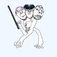3_arms 3_heads 3soyjaks animated arm bandage baton blood closed_mouth clothes glasses hand hat head_mirror holding_object lipstick monster pink_hair police police_hat running smile stitch stubble subvariant:scholar tranny variant:bernd variant:gapejak // 800x800 // 217.3KB