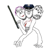 3_arms 3_heads 3soyjaks animated arm bandage baton blood closed_mouth clothes glasses hand hat head_mirror holding_object lipstick monster pink_hair police police_hat running smile stitch stubble subvariant:scholar tranny variant:a24_slowburn_soyjak variant:bernd variant:gapejak // 800x800 // 217.3KB