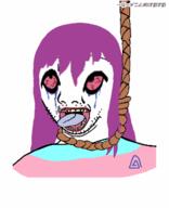 animated bloodshot_eyes boylover_symbol byonbyon crying dead distorted hair hanging inverted japanese_text large_eyes long_hair open_mouth pedophile poyopoyo purple_hair rope soyjak stubble subvariant:commiepedotroon suicide tranny variant:kuzjak // 326x400 // 86.9KB