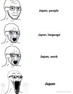 4soyjaks bald bloodshot_eyes closed_mouth crying deformed glasses hand hands_up japan open_mouth soyjak stretched_mouth stubble subvariant:soyak_(irritated) subvariant:wewjak text thing_japanese variant:soyak // 902x1155 // 58.0KB
