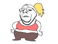 angry arm blond breasts closed_mouth clothes distorted female full_body glasses leggings ponytail redraw stubble subvariant:wholesome_soyjak teeth variant:gapejak yellow_hair // 859x644 // 50.9KB