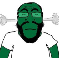 balding beard closed_eyes closed_mouth clothes frown fume glasses green_skin hair sad soyjak subvariant:science_lover tshirt variant:markiplier_soyjak // 800x789 // 255.2KB