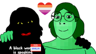 2soyjaks big_lips black_woman couple emerald emerald_(namefag) female femerald femjak flag:lesbian_pride_flag green_skin heart hello_my_name_is_(sticker) john8_44_(namefag) lesbian meta:namefags red_lips series:trios_&_duos subvariant:female_cobson subvariant:female_feraljak vantablack variant:cobson variant:feraljak yellow_sclera // 1920x1080 // 118.3KB
