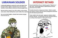 blue camouflage cigarette closed_mouth cyrillic_text eye_bags flag flag:russia flag:ukraine glasses gun helmet nose open_mouth radio red reddit russia russo_ukrainian_war shaved soldier soyjak stubble text tranny ukraine uniform variant:tony_soprano_soyjak variant:wojak white wojak wordswordswords yellow // 1024x682 // 600.2KB