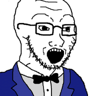blue_tuxedo bowtie clothes glasses open_mouth soyjak stubble tuxedo variant:soyak // 800x1000 // 57.1KB