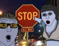 2soyjaks arm blue_skin breasts clothes female glasses goggles hand irl_background malkavian meta:tag_character_name open_mouth pointing soyjak stop_sign vampire vampire_the_masquerade_-_bloodlines variant:two_pointing_soyjaks video_game // 1024x810 // 1.3MB