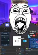 Hamas_2(namefag) clothes dark_mode discord distorted doll_(user) glasses google irl_background kiwi_farms led_lights markiplier open_mouth perm pillow soyjak_blog stubble subvariant:boat_rammer text torso twitter variant:bernd youtube zoomer // 1055x1500 // 1007.4KB