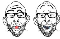 2soyjaks drool ear glasses looking_at_each_other oreo smile soyjak stubble thick_eyebrows tongue variant:nojak // 800x523 // 20.3KB