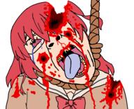 blood bloodshot_eyes bocchi_the_rock gore green_eyes hanging ikuyo_kita missing_teeth open_mouth red_hair ribbon soyjak suicide tranny uniform variant:bernd // 954x776 // 289.0KB