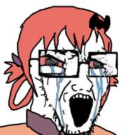 anime bloodshot_eyes clothes crying gabriel_dropout glasses hair open_mouth ornament red_hair satania soyjak stretched_mouth stubble variant:soyak zoomed // 1178x1200 // 459.7KB