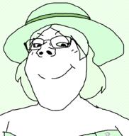 clothes crystal_cafe eyelashes femjak glasses green_eyes green_hair hair hat smile soyjak subvariant:gapejak_female variant:gapejak // 940x992 // 374.2KB