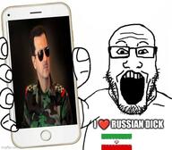 bashar_alassad chud flag glasses hand holding_object holding_phone i_love imgflip.com iphone iran phone pointing politics russia sunglasses syria text uniform variant:markiplier_soyjak // 573x500 // 46.9KB