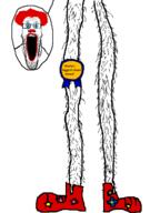 award badge clown glasses hair leg leg_hair meta:tagme red_hair red_lips red_nose red_shoes stubble variant:markiplier_soyjak // 720x960 // 45.0KB