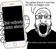 arm clothes enthusiast glasses hand holding_object holding_phone open_mouth phone soyjak stubble subvariant:phoneplier subvariant:phoneplier_vertical text variant:markiplier_soyjak // 2048x1786 // 827.6KB