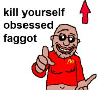 ack amerimutt arrow bald fat glasses happy lips looking_at_you mcdonalds pointing pointing_at_viewer red_shirt stubble variant:truthjak // 468x432 // 14.3KB